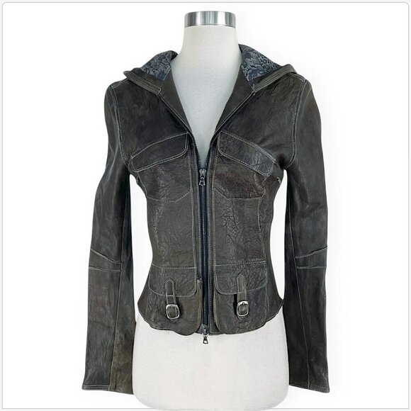 Tag Elements Olive Gray Distressed Textured Leather Hoodie Jacket Hood S M ? - Picture 2 of 5